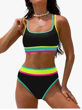 POPVIL NWT M Black NEON TRIM High-Waist SPORTY Bikini Set